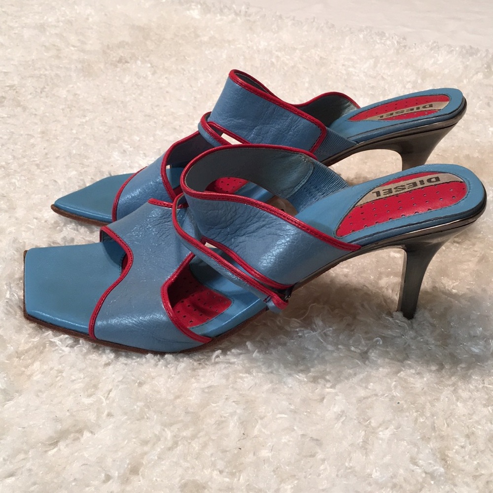 Diesel Blue & Red Heeled Open-Back Sandals E-49